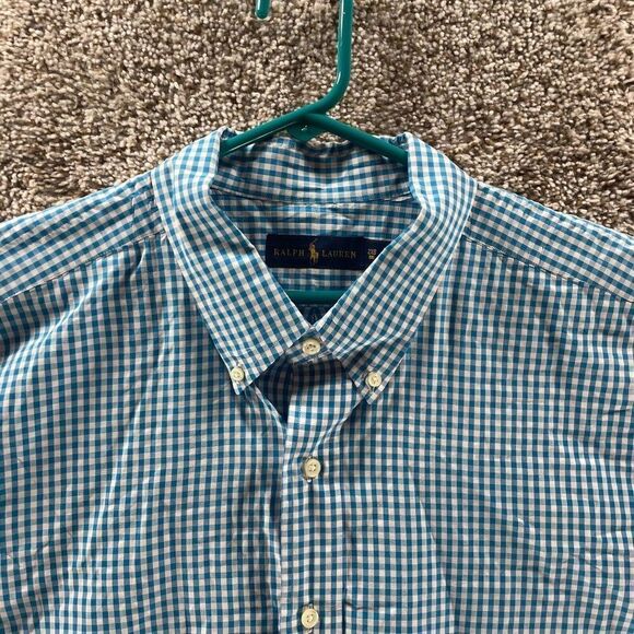 Ralph Lauren Shirt Adult 2XB Blue White Check Cotton Button Up Yellow Pony Logo - Picture 2 of 13